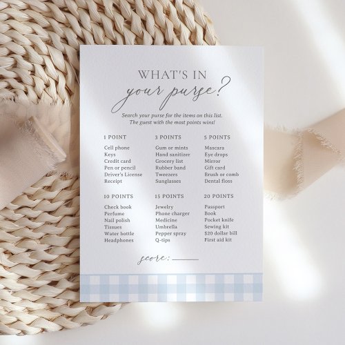 Whats in Your Purse Blue Gingham Baby Shower Game Invitation