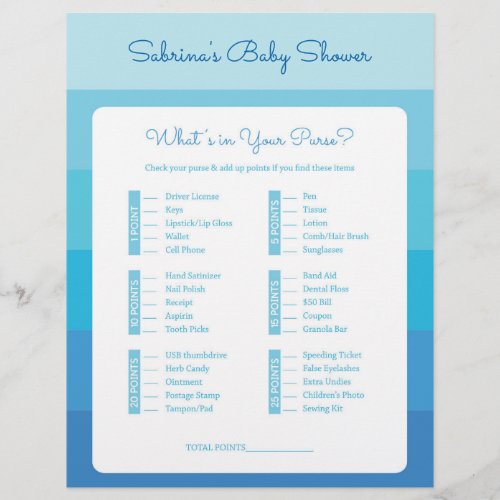 Whats In Your Purse Blue Ombre Baby Shower Game