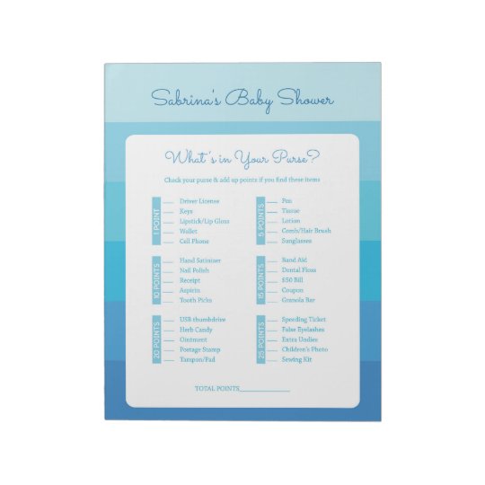 What's In Your Purse Blue Ombre Baby Shower Notepad