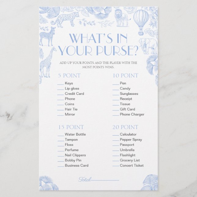 Whats In Your Purse Boy Baby Shower Game Card (Front)