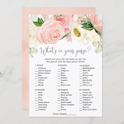 Whats in your purse bridal shower game blush pink invitation