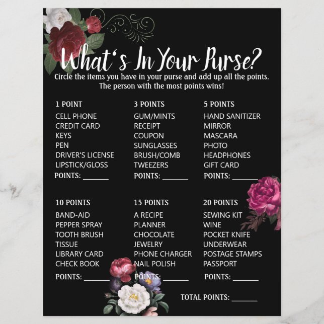 Whats In Your Purse Bridal Shower Game Elegant Bur (Front)