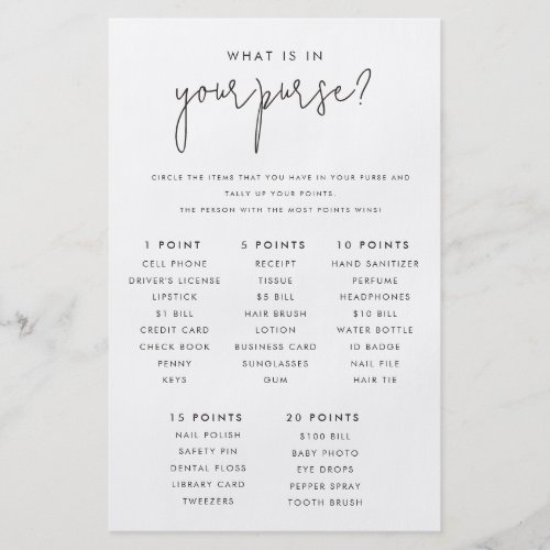 Whats in Your Purse Bridal Shower Game Paper Card