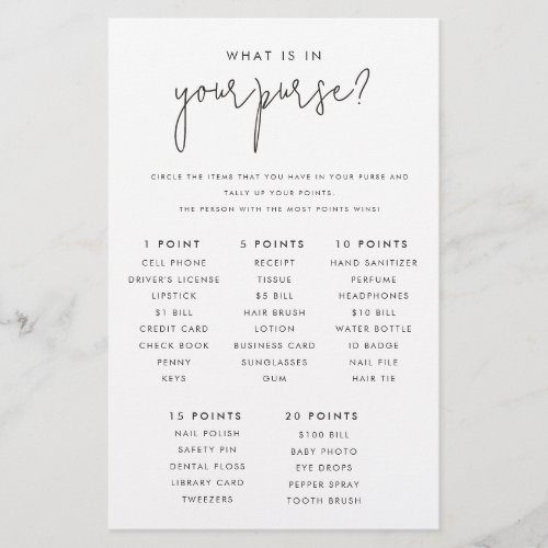 Whats in Your Purse Bridal Shower Game Paper Card