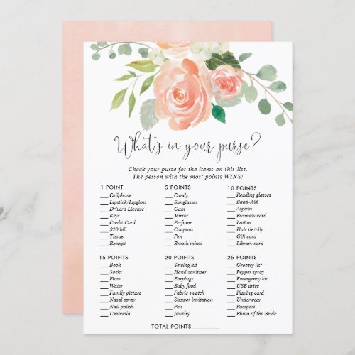 Whats in your purse bridal shower game peach invitation