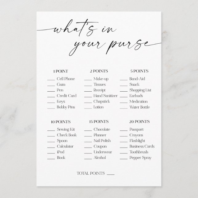 What's In Your Purse Bridal Shower Game Program (Front)