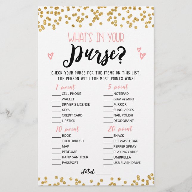 Whats in your purse Bridal Shower, Hen Party game (Front)