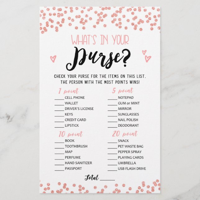 Whats in your purse Bridal Shower, Hen Party game (Front)