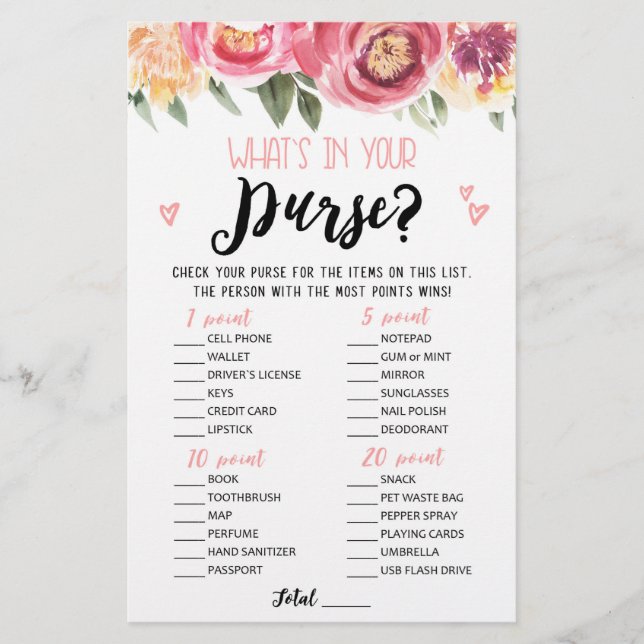 Whats in your purse Bridal Shower, Hen Party game (Front)