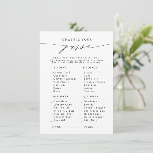 Whats In Your Purse Bridal Shower Party Game Enclosure Card