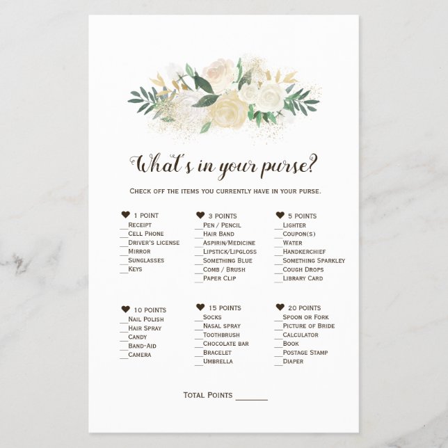 What's in your purse? Bridal Shower Printable Game Flyer (Front)