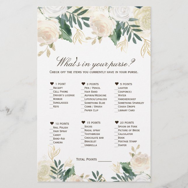 What's in your purse? Bridal Shower Printable Game Flyer (Front)