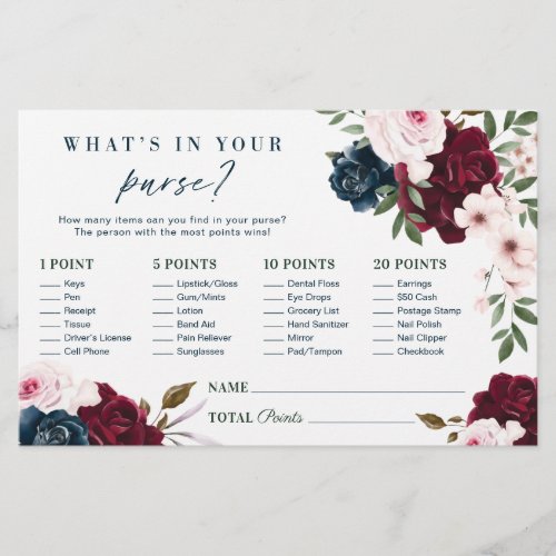 Whats in Your Purse Burgundy Florals Shower Game