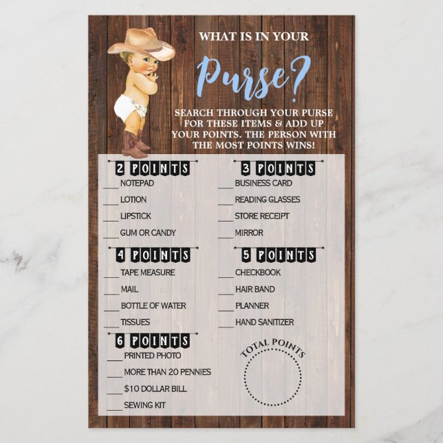 What's In Your Purse Cowboy Baby Shower Game Card Flyer (Front)