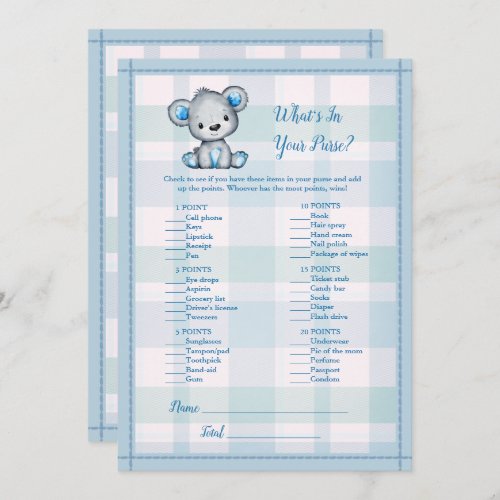 Whats In Your Purse Cute Gray Bear Boy Shower Game Invitation