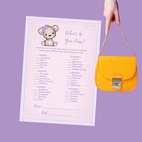 Whats In Your Purse Cute Purple Bear Game Card