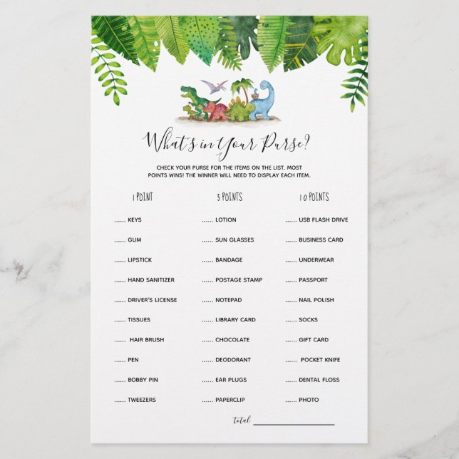 What's In Your Purse Dinosaur Baby Shower Game (Front)