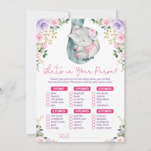 Whats in Your Purse Elephant Baby Shower Game Invitation