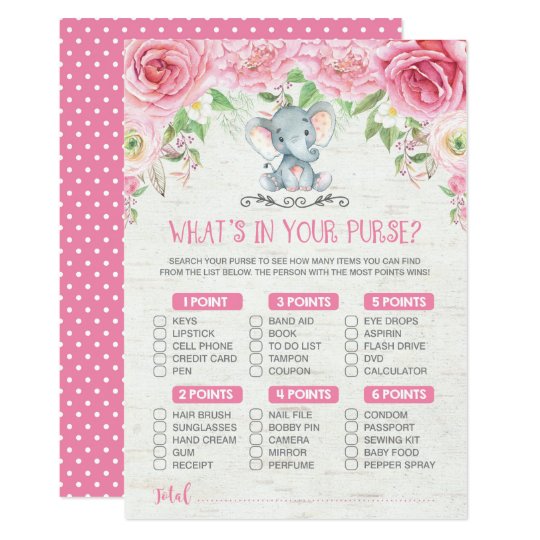 What S In Your Purse Elephant Baby Shower Game Invitation Zazzle Com