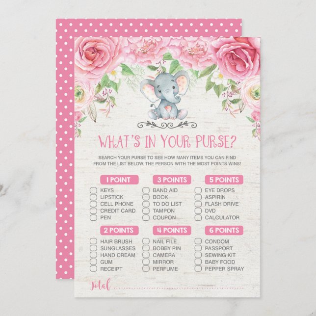 What's in Your Purse Elephant Baby Shower Game Invitation (Front/Back)