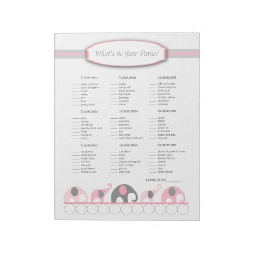 Whats in your purse Elephant Baby Shower Game Notepad