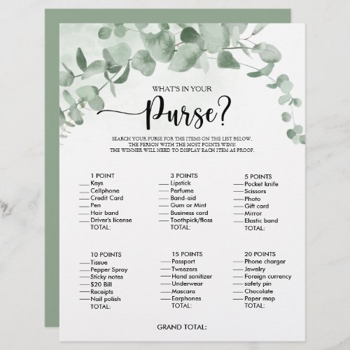 Whats in your Purse Eucalyptus Bridal Shower Game