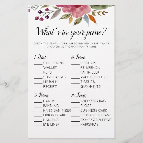 Whats In Your Purse Floral Bridal Shower Game