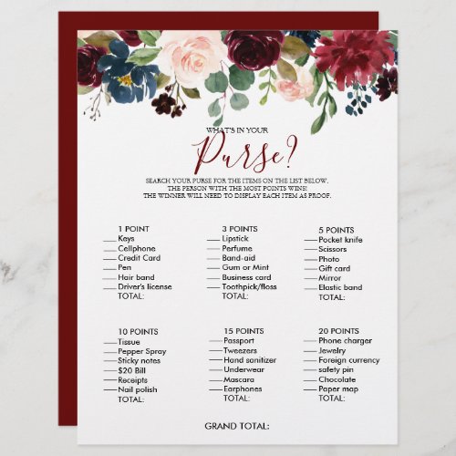 Whats in your Purse Floral Bridal Shower Game