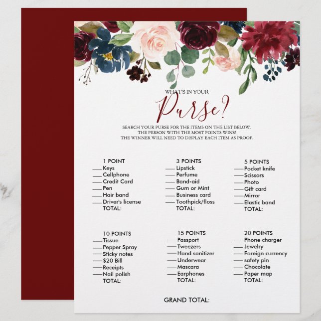 What's in your Purse Floral Bridal Shower Game (Front/Back)