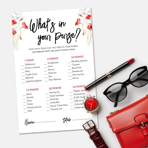 Whats In Your Purse Floral Bridal Shower Game