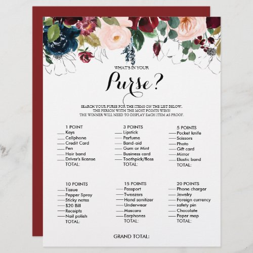 Whats in your Purse Floral Bridal Shower Game