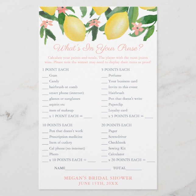 What's In Your  Purse Game Card For Lemons Shower Flyer (Front)