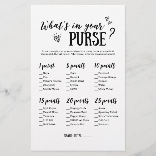 Whats In Your Purse Game for Bridal Shower