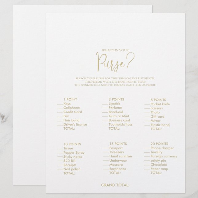 What's in your Purse Gold Bridal Shower Game (Front/Back)