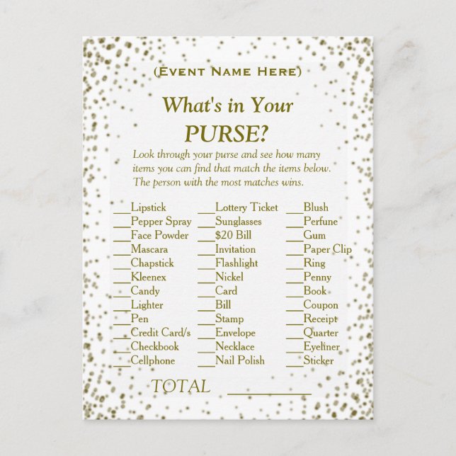 What's in Your Purse | Gold Confetti Invitation Postcard (Front)
