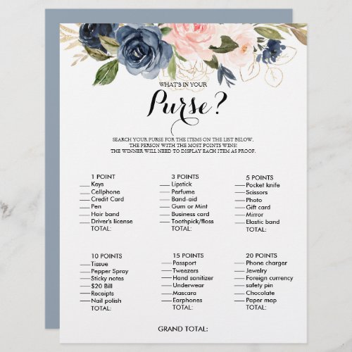 Whats in your Purse Gold Navy Bridal Shower Game