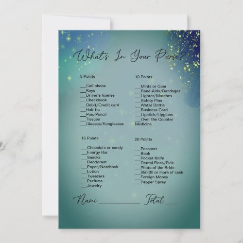 Whats In Your Purse Green  Blue Bridal Shower Invitation