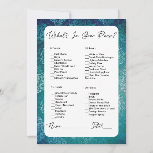 Whats In Your Purse Green Damask Bridal Shower Invitation