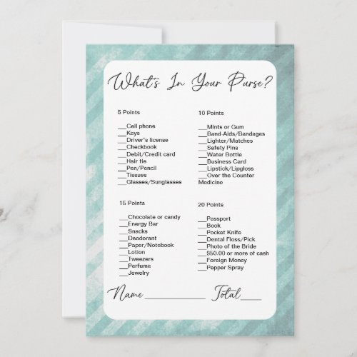 Whats In Your Purse Green Stripes Bridal Shower Invitation