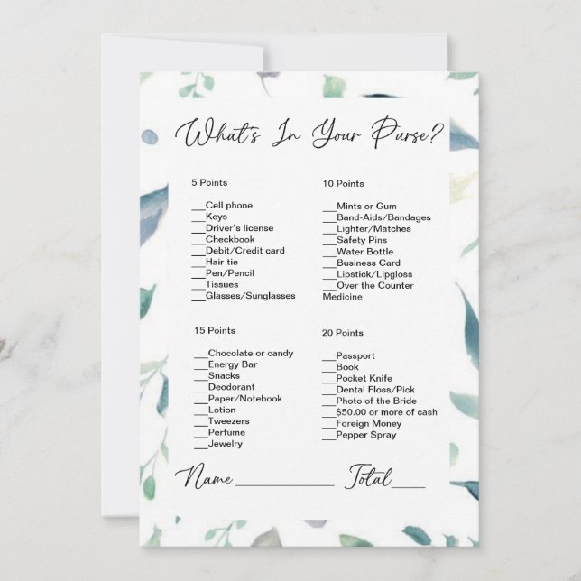 What's In Your Purse Greenery Bridal Shower Invitation (Front)