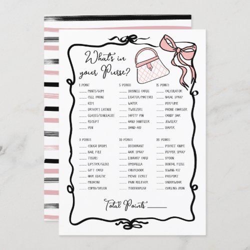 Whats in Your Purse Hand Drawn Bow Bridal game Invitation