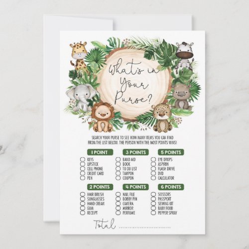 Whats in Your Purse Jungle Baby Shower Game Card