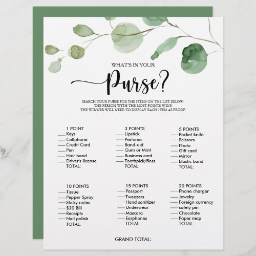 Whats in your Purse Minimalist Bridal Shower Game