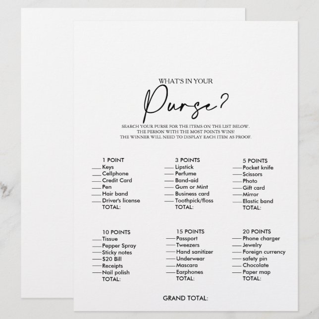 What's in your Purse Minimalist Bridal Shower Game (Front/Back)