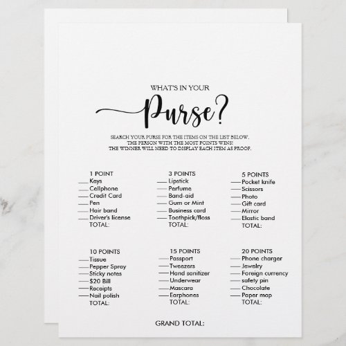 Whats in your Purse Minimalist Bridal Shower Game