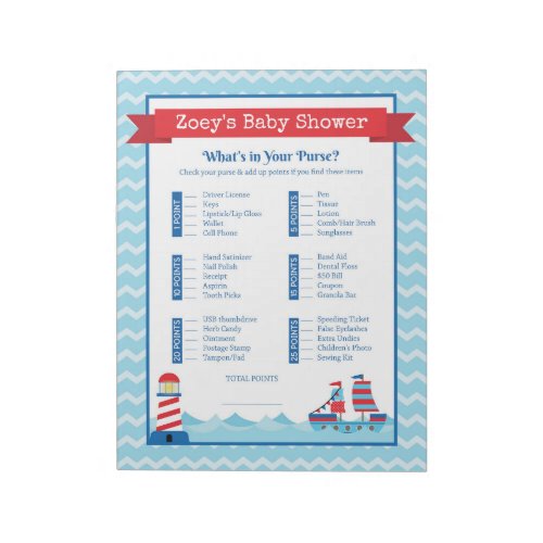 Whats In Your Purse Nautical Theme Baby Shower Notepad