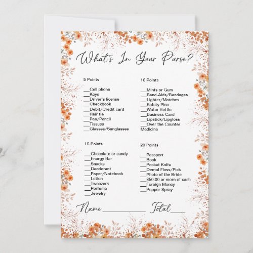 Whats In Your Purse Orange Floral Bridal Shower Invitation