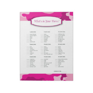 What's in your purse Pink Camo Baby Shower Game Notepad