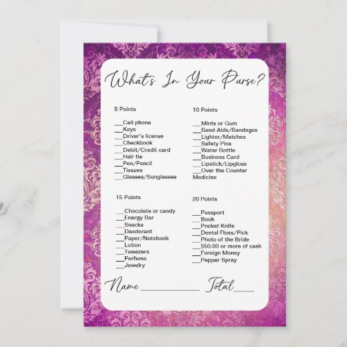 Whats In Your Purse Pink Damask Bridal Shower Invitation