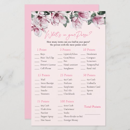 Whats In Your Purse  Pink Floral Bridal Shower